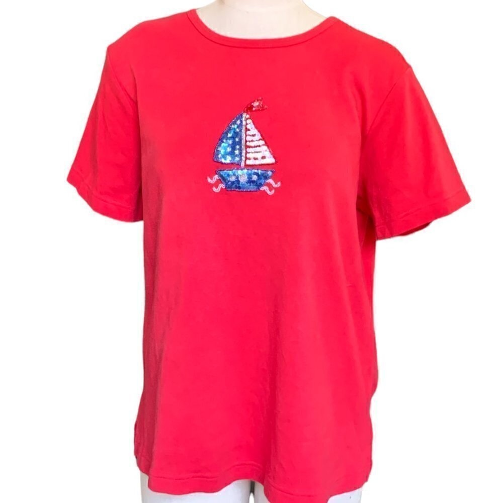 Quacker Factory Tee Top Sequined Sailboat USA Stars & Stripes L Red 61K